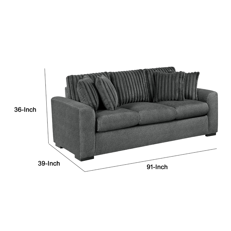 Zian Sofa- Dark Gray Microfiber and Corduroy- 4 Matching Pillows- 92 Inch