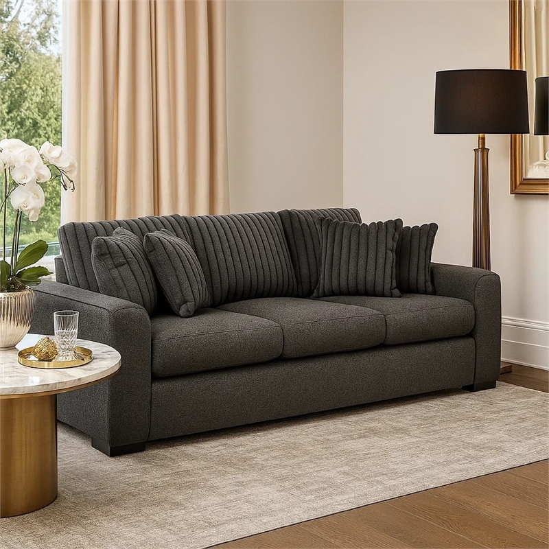 Zian Sofa- Dark Gray Microfiber and Corduroy- 4 Matching Pillows- 92 Inch