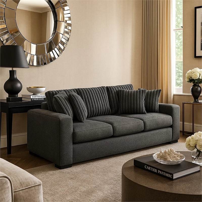 Zian Sofa- Dark Gray Microfiber and Corduroy- 4 Matching Pillows- 92 Inch