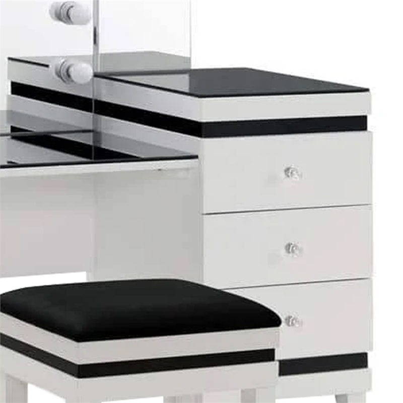 Denna Vanity Set with Stool- Tri-Fold Lighted Mirror- Black Glass Table