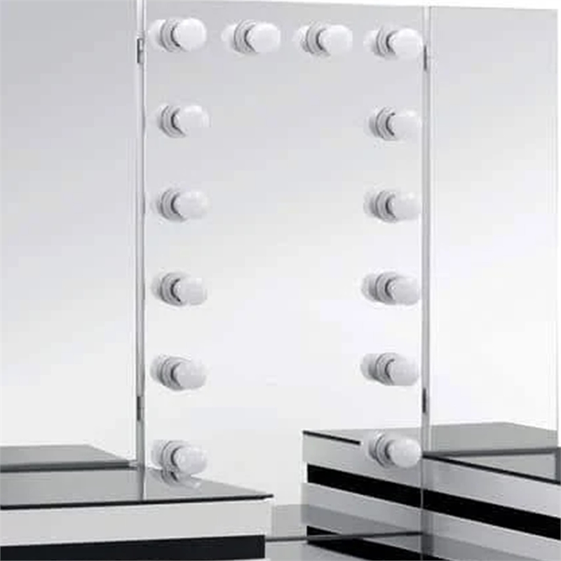 Denna Vanity Set with Stool- Tri-Fold Lighted Mirror- Black Glass Table