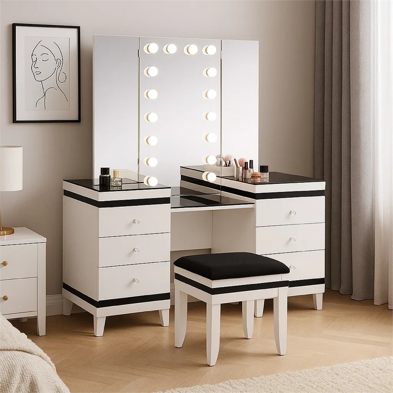 Denna Vanity Set with Stool- Tri-Fold Lighted Mirror- Black Glass Table