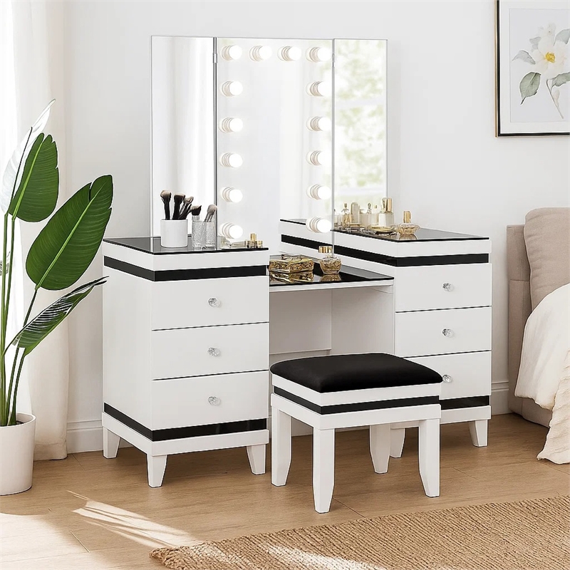 Denna Vanity Set with Stool- Tri-Fold Lighted Mirror- Black Glass Table