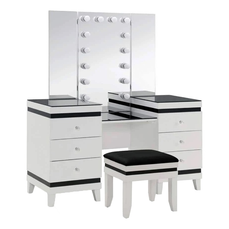 Denna Vanity Set with Stool- Tri-Fold Lighted Mirror- Black Glass Table