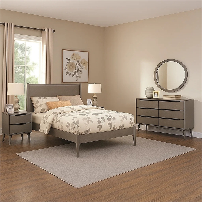 Leyla 5pc Queen Bedroom Set- 2 Nightstands- Oval Mirror- Gray Wood