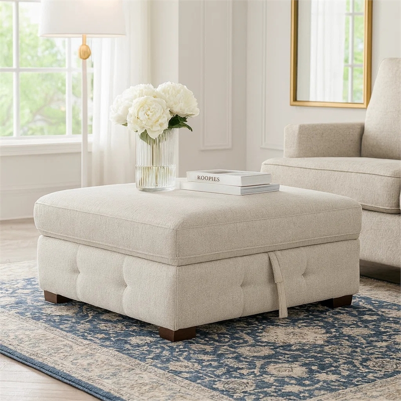 Rez Storage Ottoman- 40 Inch Square Lift Top Seat- Taupe Gray Chenille