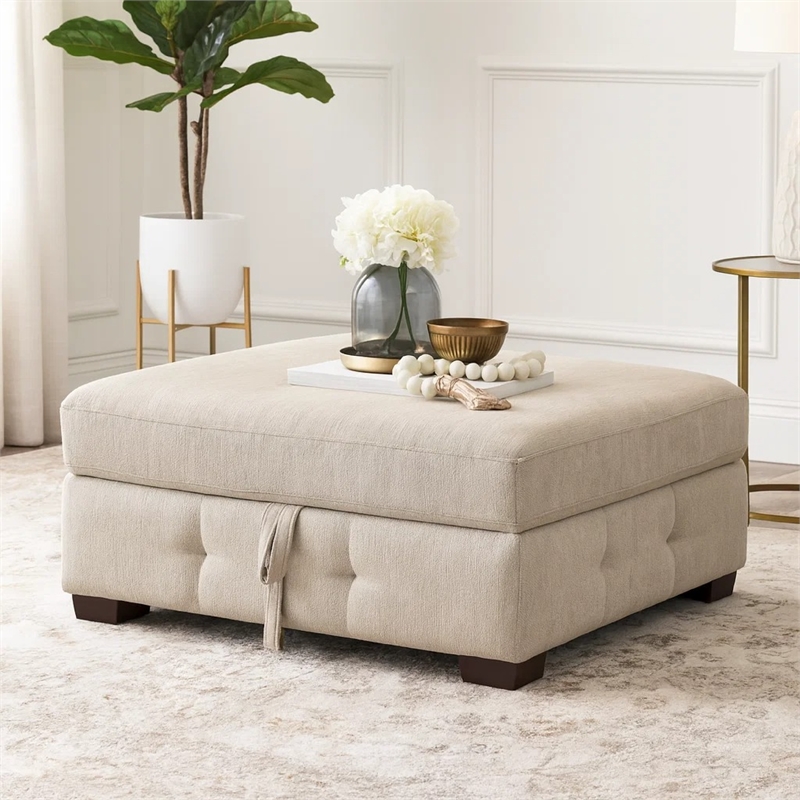 Rez Storage Ottoman- 40 Inch Square Lift Top Seat- Taupe Gray Chenille
