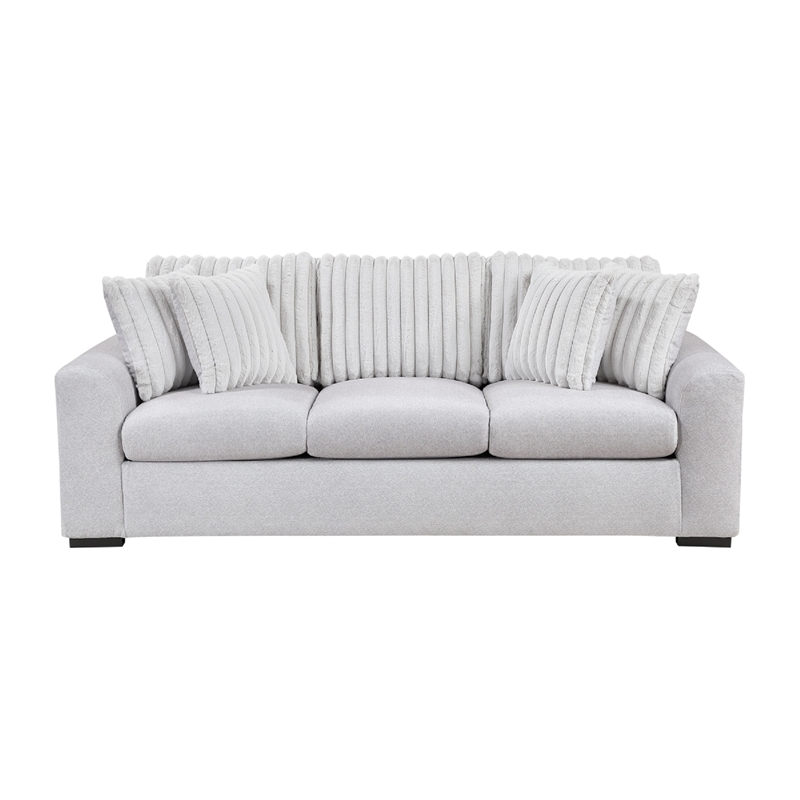 Zian Sofa- Light Gray Microfiber and Corduroy- 4 Matching Pillows- 92 Inch