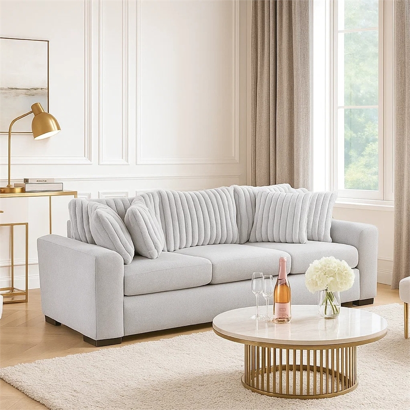 Zian Sofa- Light Gray Microfiber and Corduroy- 4 Matching Pillows- 92 Inch