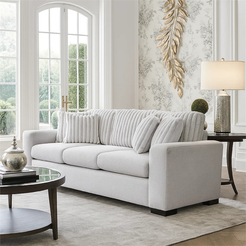 Zian Sofa- Light Gray Microfiber and Corduroy- 4 Matching Pillows- 92 Inch