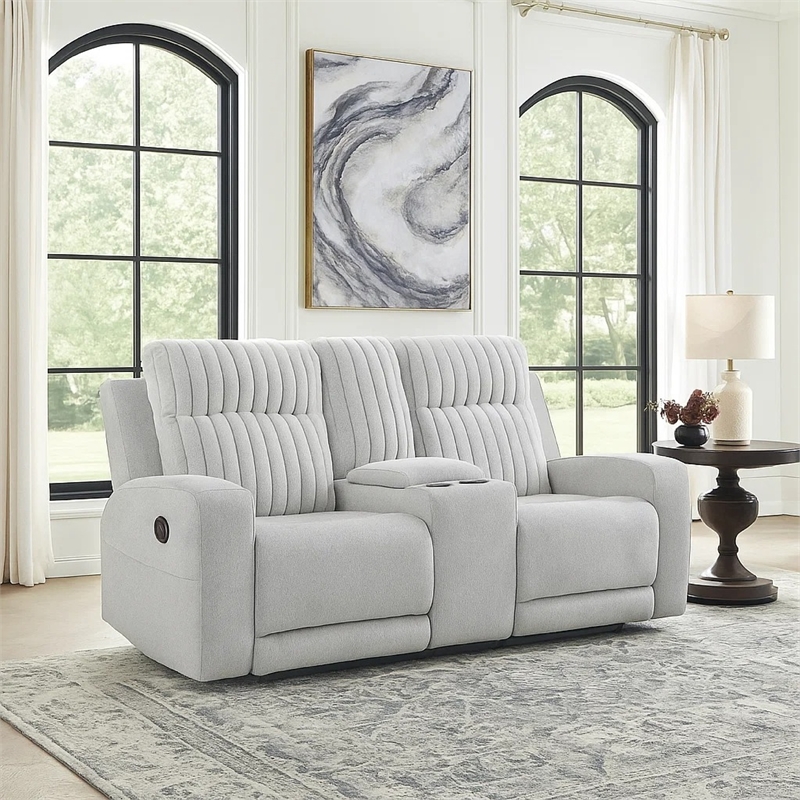 Lupe Double Manual Reclining Loveseat with Console- Light Gray Microfiber