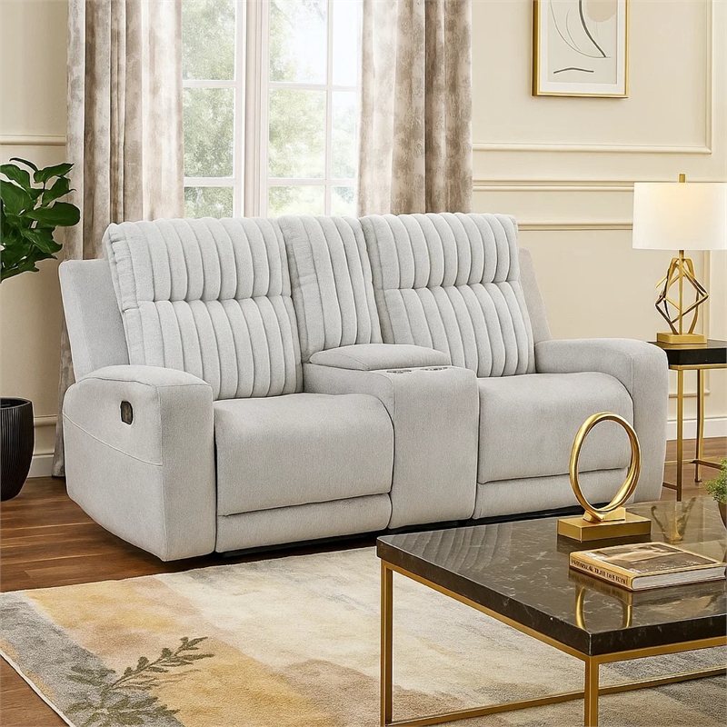 Lupe Double Manual Reclining Loveseat with Console- Light Gray Microfiber