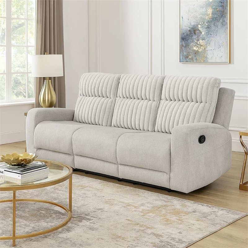 Lupe Double Manual Reclining Sofa with Plush Cushions- Light Gray Microfiber