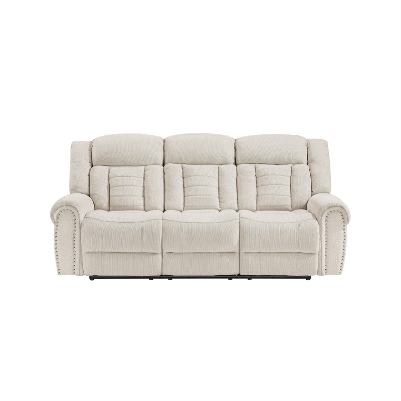 Reo Double Manual Reclining Sofa with Nailhead Trim- Beige Chenille