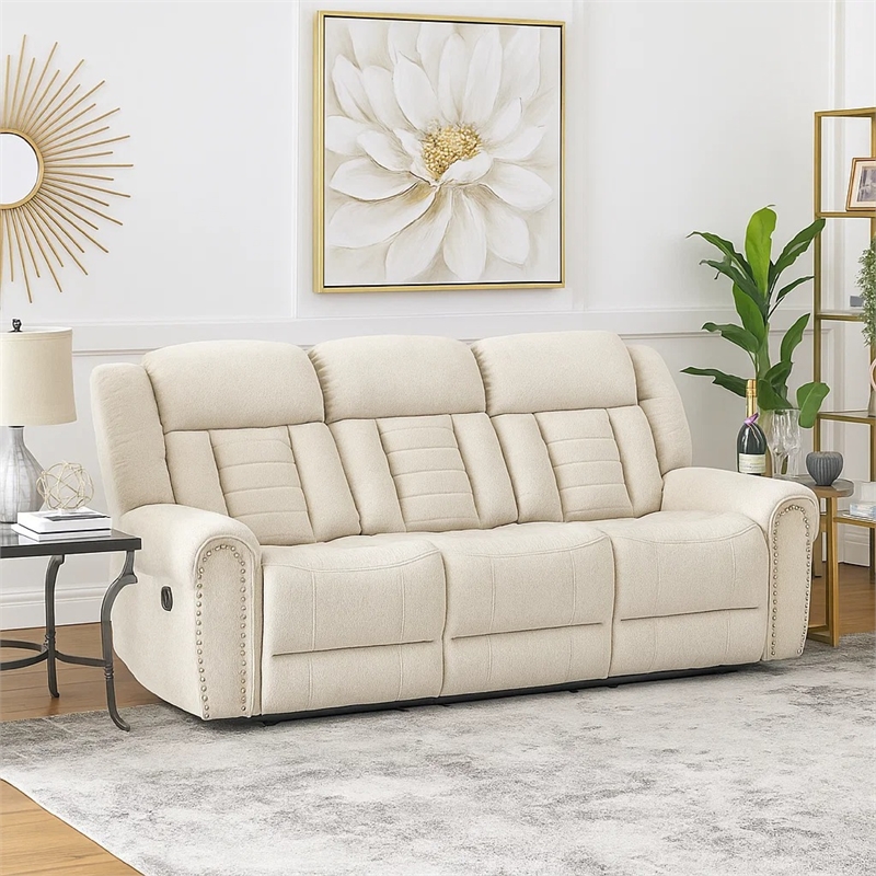 Reo Double Manual Reclining Sofa with Nailhead Trim- Beige Chenille