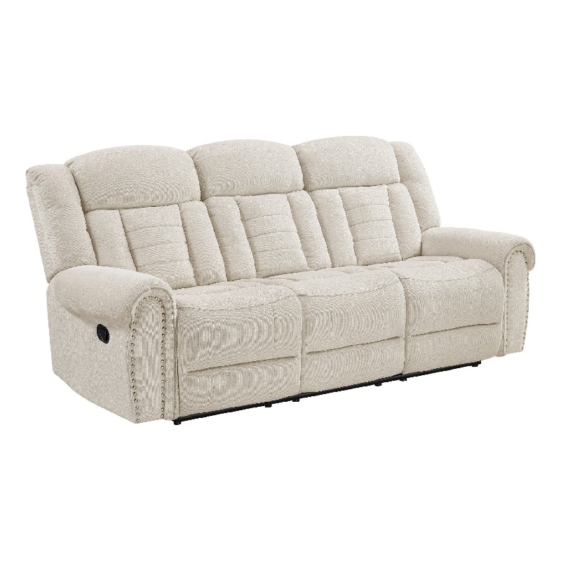 Reo Double Manual Reclining Sofa with Nailhead Trim- Beige Chenille