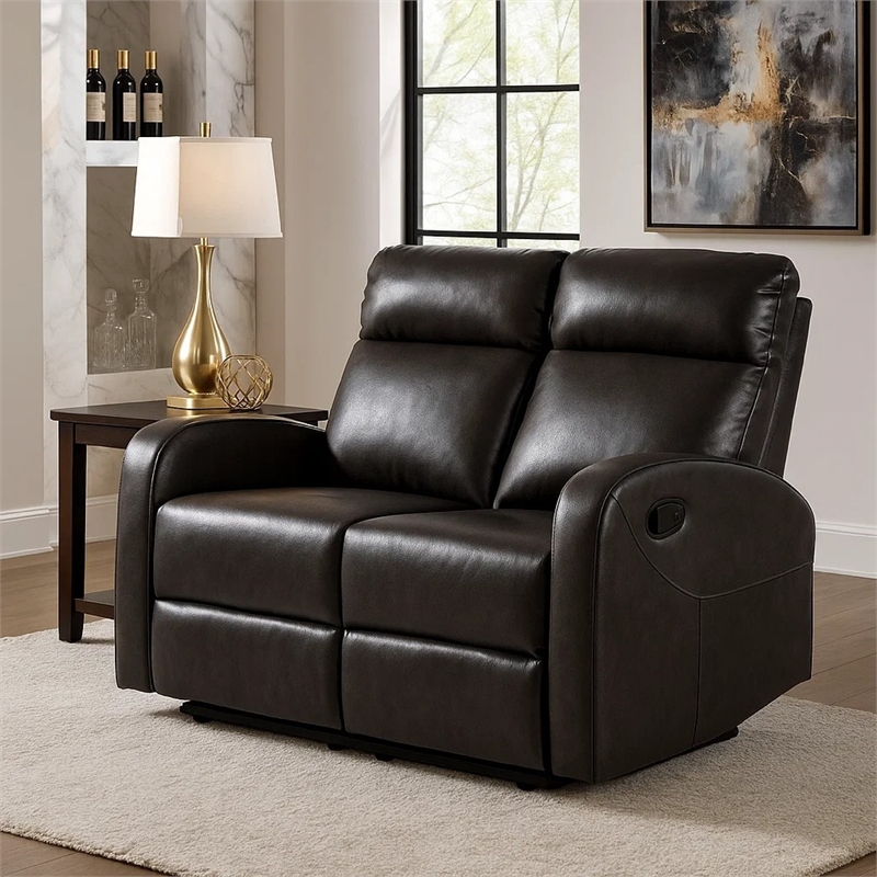 Mey Wall Hugger Manual Recliner Loveseat- Dark Brown Faux Leather 50 Inch