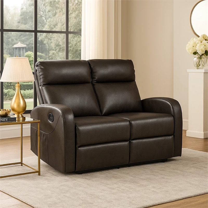 Mey Wall Hugger Manual Recliner Loveseat- Dark Brown Faux Leather 50 Inch
