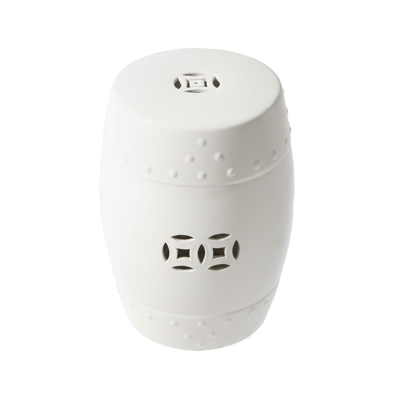 Garden Accent Stool- 17 Inch Round Drum Shape- White Ceramic- Cut Out Details