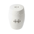 Garden Accent Stool- 17 Inch Round Drum Shape- White Ceramic- Cut Out Details
