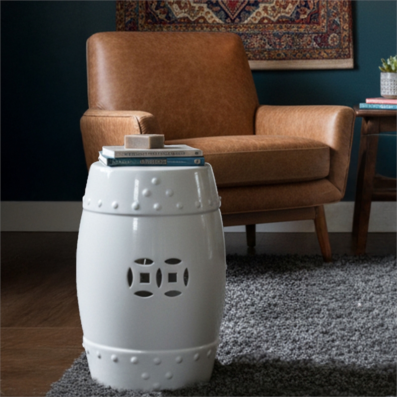 Garden Accent Stool- 17 Inch Round Drum Shape- White Ceramic- Cut Out Details