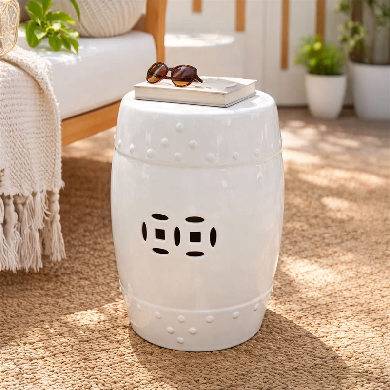 Garden Accent Stool- 17 Inch Round Drum Shape- White Ceramic- Cut Out Details