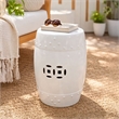 Garden Accent Stool- 17 Inch Round Drum Shape- White Ceramic- Cut Out Details