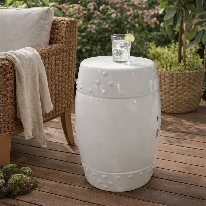 Garden Accent Stool- 17 Inch Round Drum Shape- White Ceramic- Cut Out Details