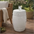 Garden Accent Stool- 17 Inch Round Drum Shape- White Ceramic- Cut Out Details