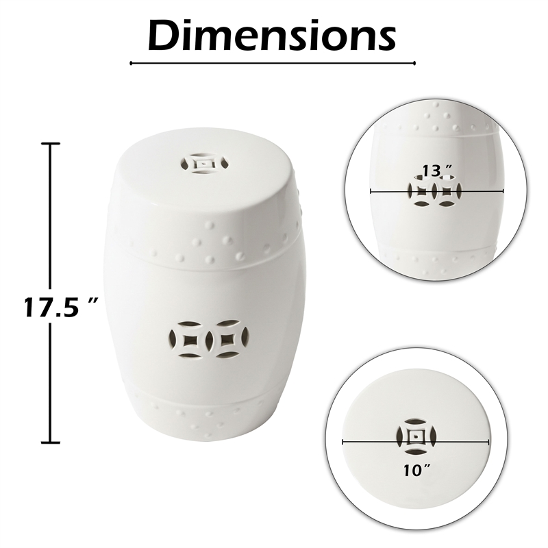 Garden Accent Stool- 17 Inch Round Drum Shape- White Ceramic- Cut Out Details