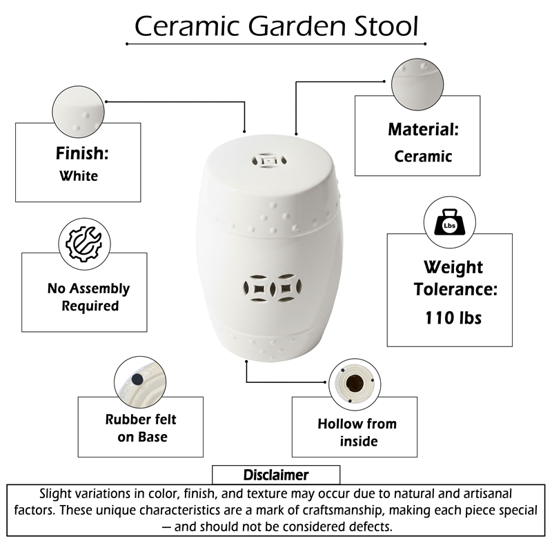 Garden Accent Stool- 17 Inch Round Drum Shape- White Ceramic- Cut Out Details