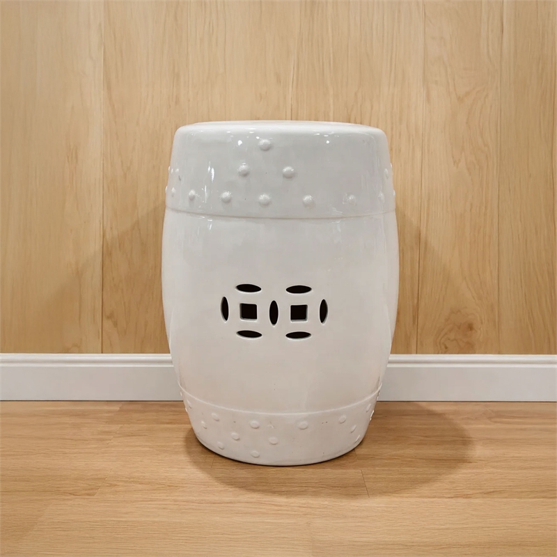 Garden Accent Stool- 17 Inch Round Drum Shape- White Ceramic- Cut Out Details