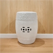 Garden Accent Stool- 17 Inch Round Drum Shape- White Ceramic- Cut Out Details
