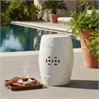 Garden Accent Stool- 17 Inch Round Drum Shape- White Ceramic- Cut Out Details