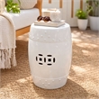 Garden Accent Stool- 17 Inch Round Drum Shape- White Ceramic- Cut Out Details