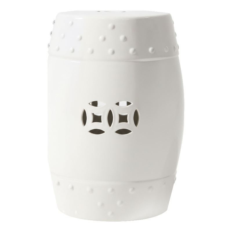 Garden Accent Stool- 17 Inch Round Drum Shape- White Ceramic- Cut Out Details