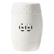 Garden Accent Stool- 17 Inch Round Drum Shape- White Ceramic- Cut Out Details