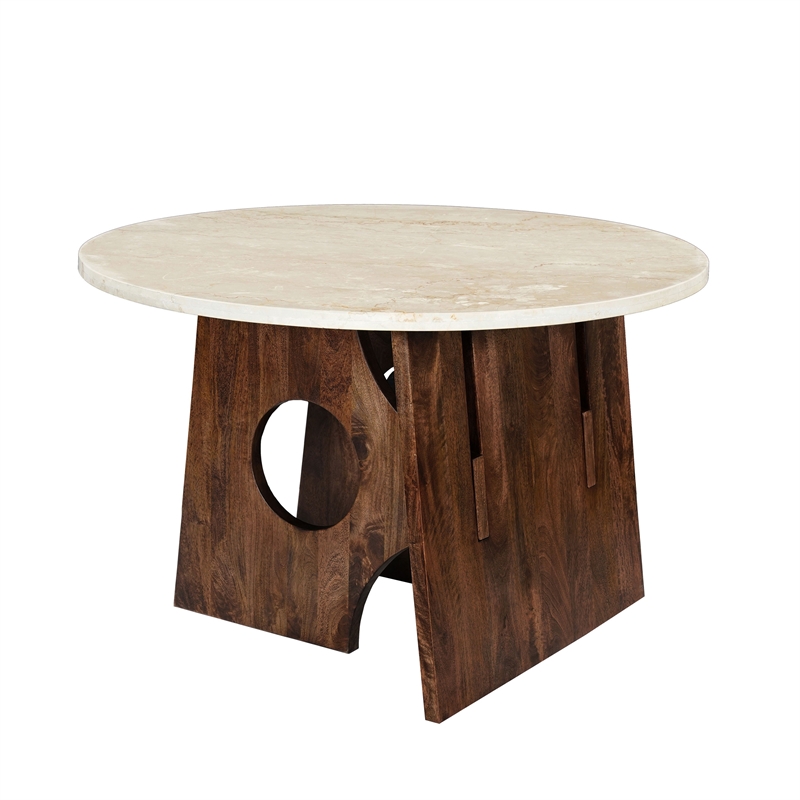 Jesa 5pc Round Dining Table Set- White Botticino Italian Marble- Walnut Brown