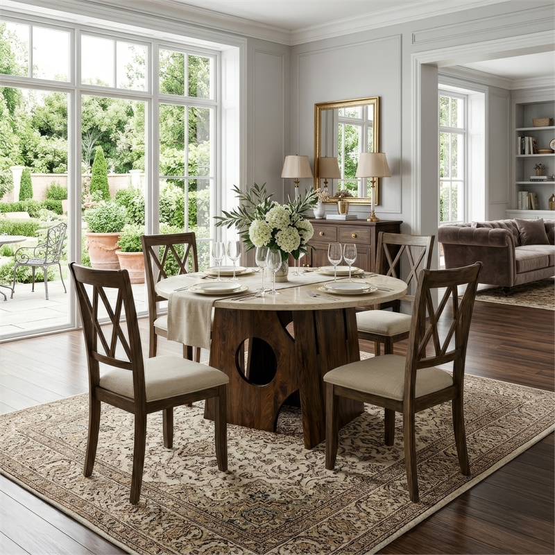 Jesa 5pc Round Dining Table Set- White Botticino Italian Marble- Walnut Brown