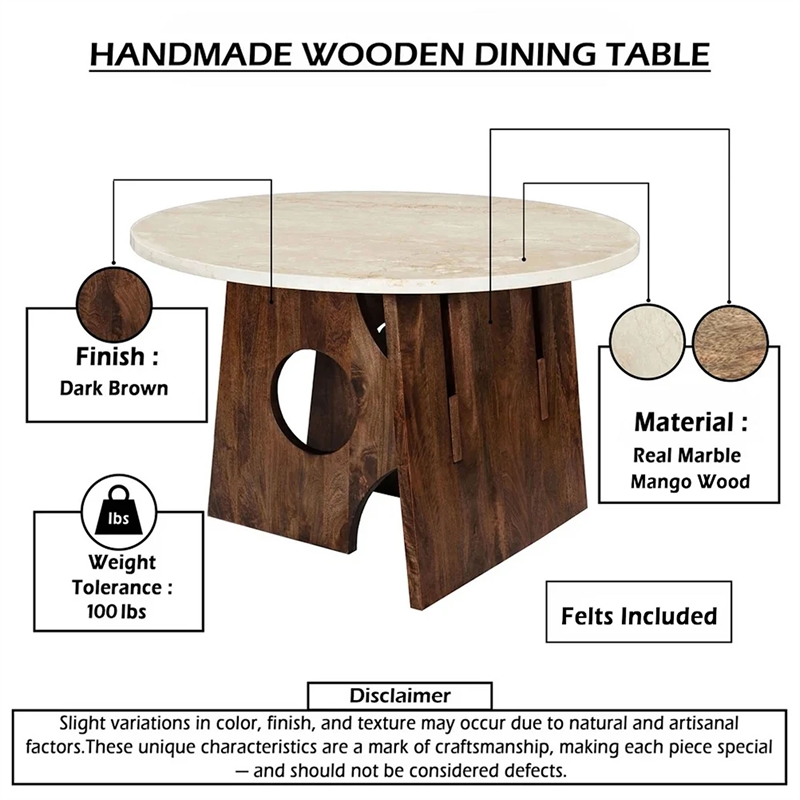 Jesa 5pc Round Dining Table Set- White Botticino Italian Marble- Walnut Brown