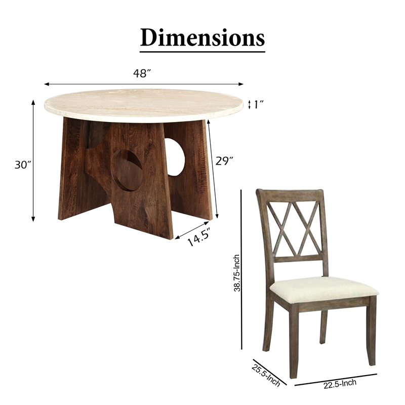 Jesa 5pc Round Dining Table Set- White Botticino Italian Marble- Walnut Brown