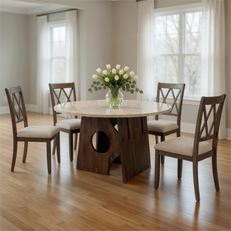 Jesa 5pc Round Dining Table Set- White Botticino Italian Marble- Walnut Brown