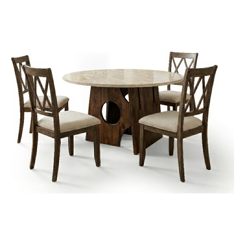 Jesa 5pc Round Dining Table Set- White Botticino Italian Marble- Walnut Brown