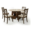 Jesa 5pc Round Dining Table Set- White Botticino Italian Marble- Walnut Brown