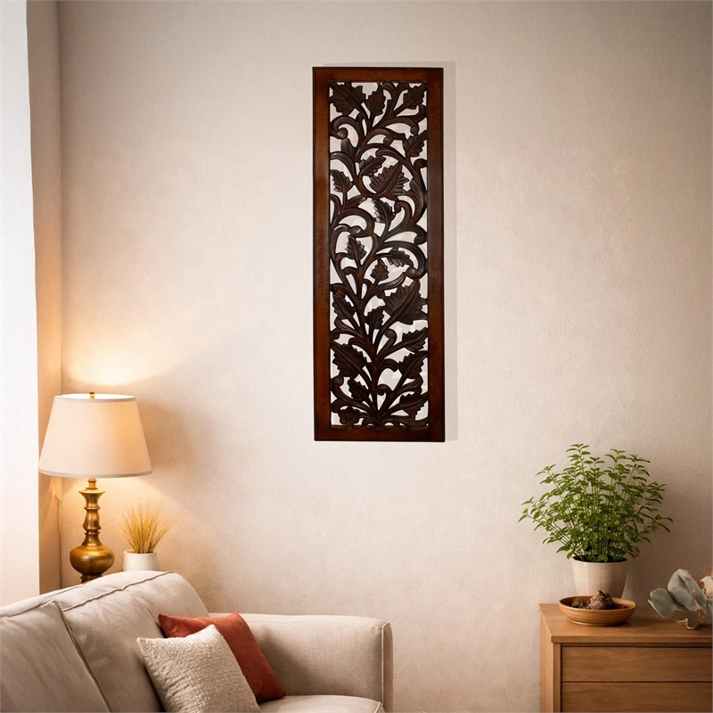 Mango Wood Wall Panel Hand Crafted with Leaves and Scroll Work Motif- Brown