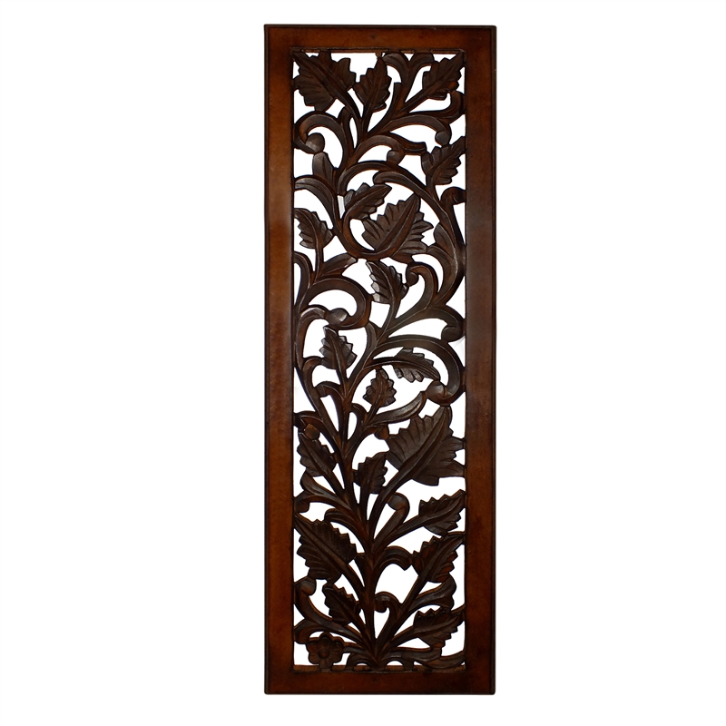 Mango Wood Wall Panel Hand Crafted with Leaves and Scroll Work Motif- Brown