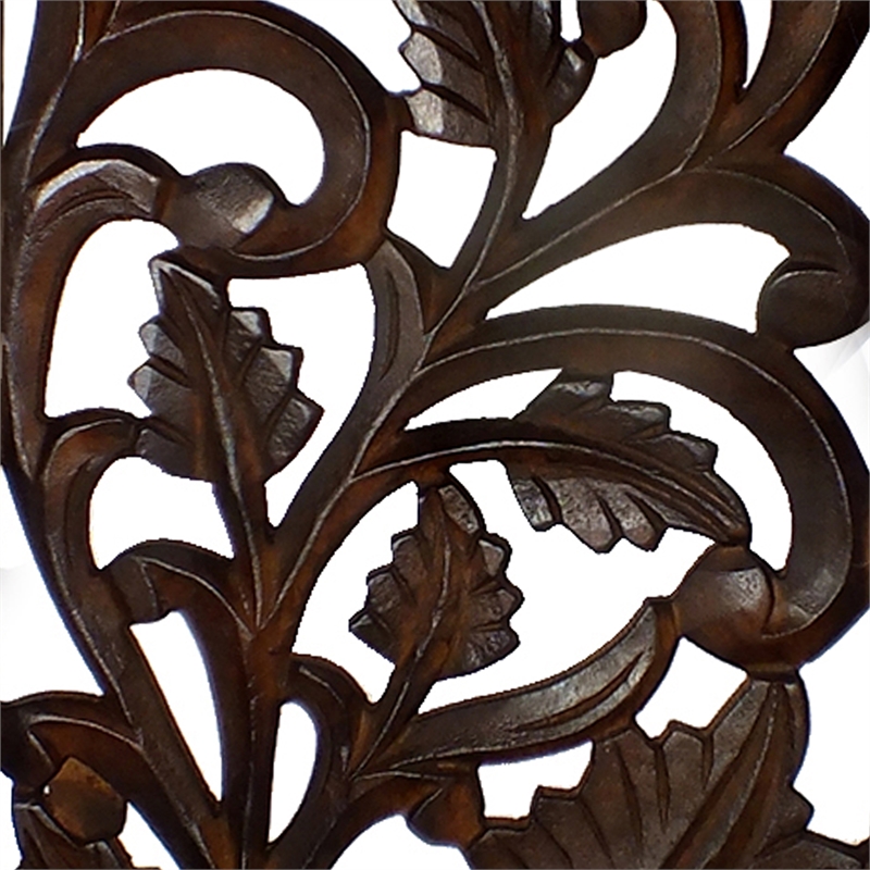 Mango Wood Wall Panel Hand Crafted with Leaves and Scroll Work Motif- Brown
