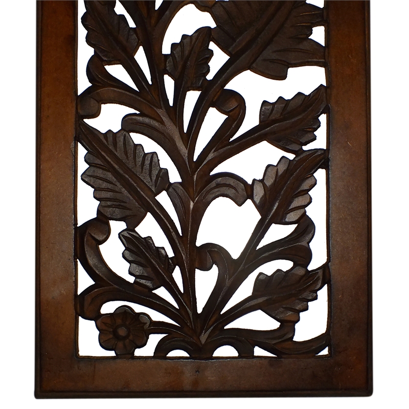 Mango Wood Wall Panel Hand Crafted with Leaves and Scroll Work Motif- Brown