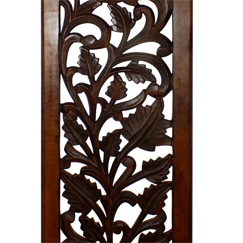 Mango Wood Wall Panel Hand Crafted with Leaves and Scroll Work Motif- Brown