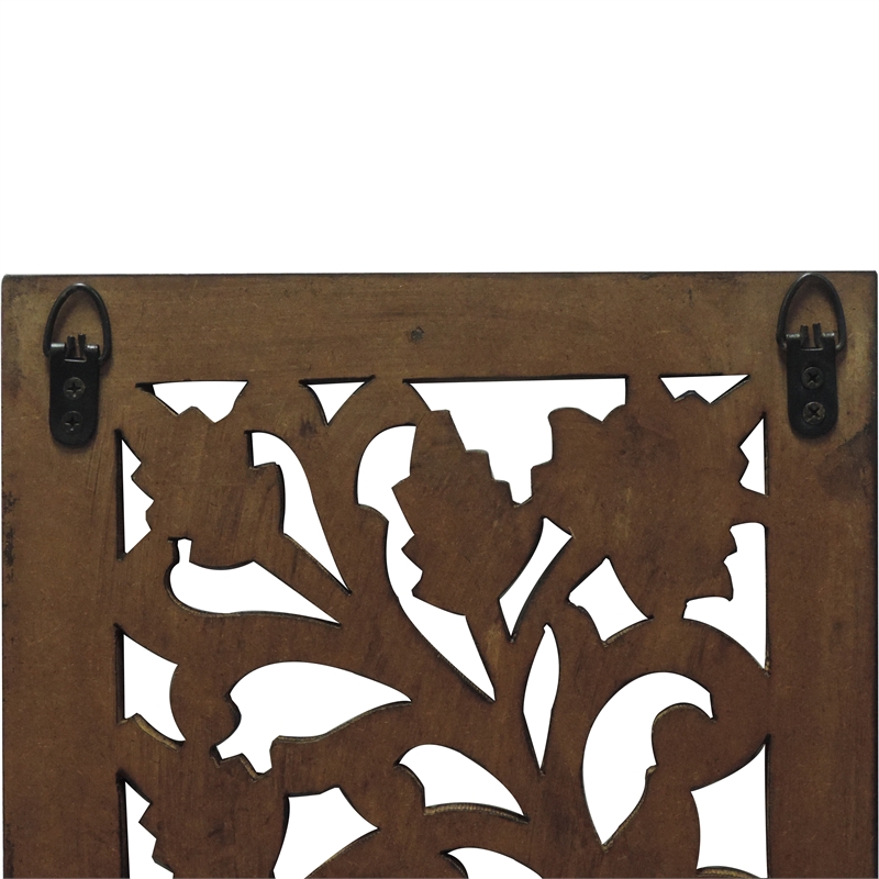 Mango Wood Wall Panel Hand Crafted with Leaves and Scroll Work Motif- Brown